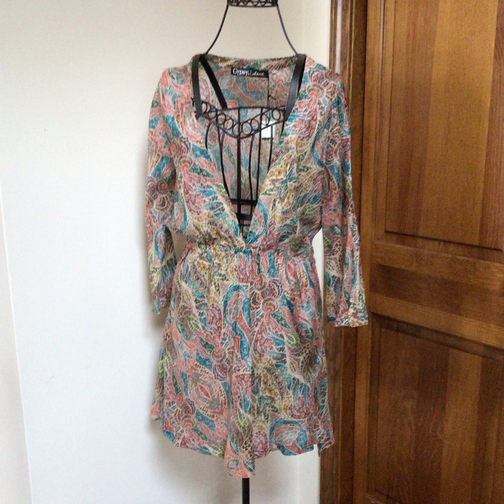 Gypsy 05 Nobel Bell Sleeve Deep V Mini Dress, Small, New